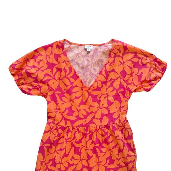 J Crew Dress Womens 4 Pink Orange Floral V Neck Puff Sleeve Tiered Midi Pockets - Picture 10 of 16